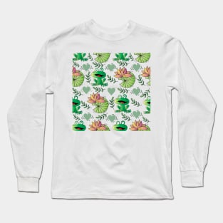 Green frog with lotus leaf and flower seamless pattern. Long Sleeve T-Shirt